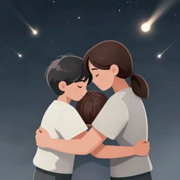 A family hugging each other for the last time as the world is ending, meteors are falling from the sky, everything is on fire, dramatic lighting, digital art, very beautiful, 8K, dark lighting, trending on Artstation, award winning