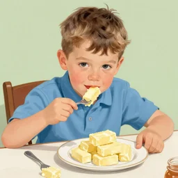 boy, 1 0 years old, sitting at the table eating a stick of butter on his fork from a plate with plenty of sticks of butter, illustration 1 9 5 0 s. the boy is facing the viewer.