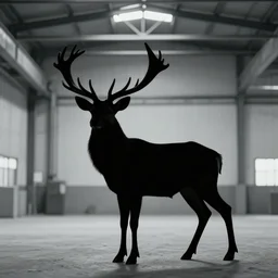a silhouette of a great deer standing majestic in a large industrial room with massive windows, golden light, backlit, realistic photo, artstation