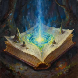 detailed painting of a magical book that is a portal to a fantasy realm by Krenz Cushart, fantasy, dramatic light