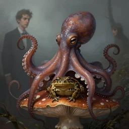 octopus toad sitting on mushroom, highly detailed, digital painting, trending on artstation, concept art, sharp focus, illustration, masterpiece, matte painting, glorious, unsettling, misty, by lovecraft and greg rutkowski, luis royo and wayne barlowe, artstation