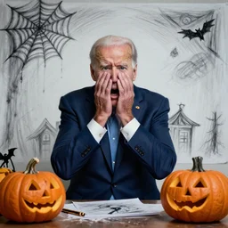 Joe Biden getting scared during Halloween, terrified, spooked, trick or treat, drawn by bernie wrightson
