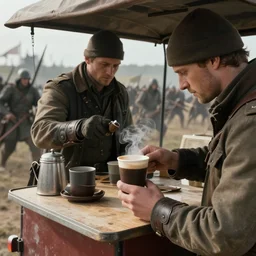 close up cinematic still of warriors getting coffee at a coffee wagon on the battlefield, artwork by greg rutowski