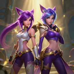 xayah and kai'sai, league of legends, unreal engine, by weta digital, 3 - dimensional, rays of shimmering light, best friends