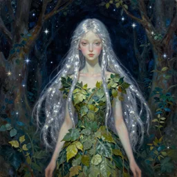 fey queen of the summer forest, dress of leaves, fine features, thin, young, silver shimmering hair, by brian froud, stars, night colors, oil on canvas, oil panting