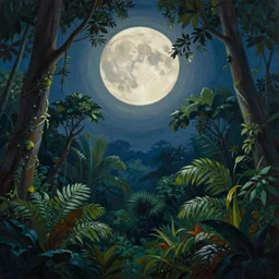 a painting of a night in the jungle with a closeup full moon, beautiful colors, symetrical, matte painting, by christophe vacher