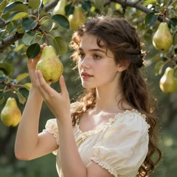 a professional vintage painting of a beautiful young woman in a garden collecting pears