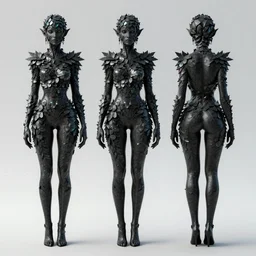 charcter design, beautiful : : 3 stunning drow woman : : 2 face, black opal leafs covering her body, full body, symetrical, 4 k, photorealistic, octane render