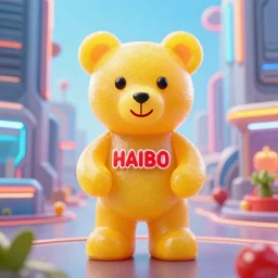 portrait of haribo bear in future city, color and shape focus, central c
