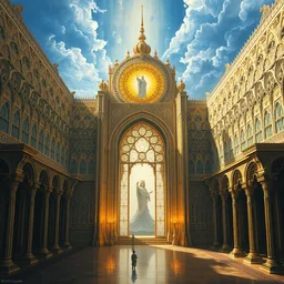 the gates of heaven, beautiful delicacy, flowing arab art nouveau architecture, repeating patterns, tim hildebrandt, wayne barlowe, bruce pennington, donato giancola, trending on artstation, cinematic composition, beautiful lighting, hyper detailed, 8 k, oil on canvas