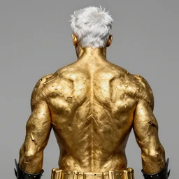 painted back portrait of rugged batman by greg rutkowski craig mullins artgerm alphonse mucha, messy gold body paint over back and his arms, white hair handsome muscular upper body mature warm tone bulging bubble flowing robe [ ancient greek motifs ] background fantasy intricate elegant detailed digital painting concept art artstation sharp focus illustration