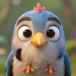 extremely detailed cartoon bird looking directly into camera