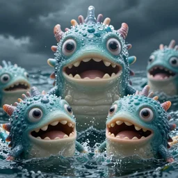 of a dark and stormy ocean with large strange cute friendly water creatures with big eyes, mouth and round teeth appearing from the water, in the style of Gaudi, macro lens, shallow depth of field, highly detailed, digital painting, trending artstation, concept art, illustration, cinematic lighting, vibrant colors, photorealism, epic, octane render