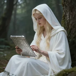 the goddess of memory sitting and carving a silver tablet in a forest, white hood, white robes, blonde, fantasy, magical, realistic and detailed, spiritual, supernatural, intricate, elegant, highly detailed, digital painting, trending on artstation, by wlop, 4 k octane render
