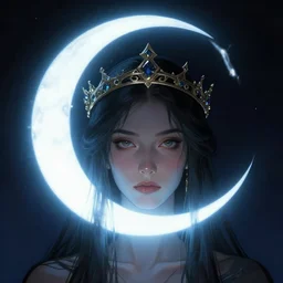 artemixel, the modern reincarnation of the old selenium god of hunt, also known as artemis the selene, carrying the celebrated crown of the crescent moon wich its usual bright and slightly bluish crescent like the brightness of the night. close - up portrait by moebius, character designed, detailed sci - fi concept art