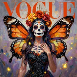 woman with butterfly wings, vogue magazine, elle magazine, mexican day of the dead, greg rutkowski, gerardo dottori, john singer sargent, anime, trending on artstation, oil painting, intricate, fireflies