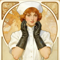 beautiful picture, nurse in combat gloves, by alphonse mucha
