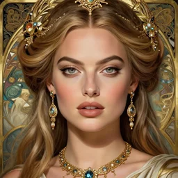 Margot Robbie as a Greek Goddess, beautiful detailed eyes, cute, fantasy, intricate, elegant, highly detailed, digital painting, 4k, HDR, concept art, detailed jewelry, smooth, sharp focus, illustration, art by Artgerm, H R Giger and Alphonse Mucha
