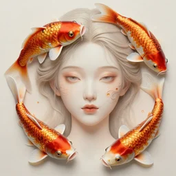 Portrait of a girl made of Koi fish, face, fantasy, intricate, elegant, highly detailed, digital painting, artstation, concept art, smooth, sharp focus, illustration, art by Krenz Cushart and Artem Demura and alphonse mucha