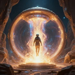 futuristic ancient astronaut travelling in time through an energy portal,