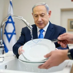 stock photo of benjamin netanyahu washing the dishes