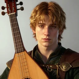 a digital art close up portrait of young barnes courtney bard from fantasy world, handsome young man bard with lute character sheet, 4 k, ultra detail, volumetric lighting, unreal engine, octane render