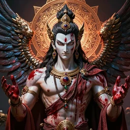 4 k headshot of godlike hindu god with defined arms and open hands and bloody clothes with giant mandala wings, intricate face, flawless anime cel animation by kentaro miura, psychedelic, highly detailed upper body, professionally post - processed, beautiful, scary, symmetry accurate features, epic, octane rendered, anime masterpiece, accurate