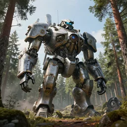 steampunk colossal mech fortress travels across a swedish forest very low angle photograph trending on artstation