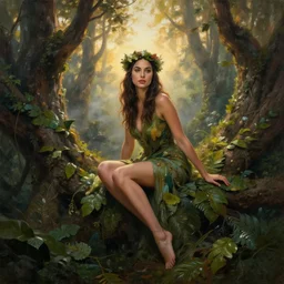 Portrait of the beautiful woman Gal Gadot as a forest nymph, she is posing, she has a crown of flowers, she is sitting on an ancient forest, there is fog and lots of extravagant leafs, she is getting ulluminated by the rays of the sunset, the photo was taking by Annie Leibovitz, matte painting, oil painting, naturalism, 4k, 8k