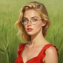 portrait of a woman with oval glasses, blonde - hair, red summer dress, grass field background, intricate, elegant, highly detailed, digital painting, artstation, concept art, smooth, sharp focus, illustration, by anato finnstark, boissb - blanca. j, cindy avelino, clint cearley, anna podedworna