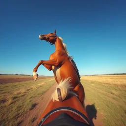 the perspective of riding a horse that is rearing up on its hind legs