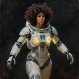beautiful afrofuturistic himba woman, otjize, glowing spacesuit, robotic arms, weightless in space, hyperrealistic, scifi, concept art, oil painting, portrait, dark, muted colors