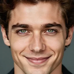 a photograph of a handsome man with brown hair and green eyes, wicked smile, dof, sharp focus, highly detailed face, symmetric face, realistic iris, cinestill 8 0 0 t, photography by paolo roversi