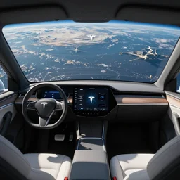 futuristic tesla cockpit flight controls on space ship with view of planet earth