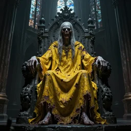 a tall pale humanoid being sitting upon an ornate stone throne, 4K, digital art, horror, dramatic, wearing a long yellow rotting garment, dark, hyperrealistic, perspective, complex black church background with volumetric lights coming in through cathedral windows,