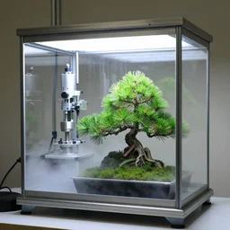 a plant incubator made of glass, stainless steel and precision instruments. there is mist inside and pine bonsai is inside