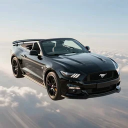 black ford mustang gt convertible flying like an air plane, 8 k, super realistic, unreal engine, details, full car view, sunny day