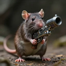 portrait of small bipedal fantasy realistic rat!! holding carrying alien fantasy gun weapon, barrel aimed at towards screen, cinematic, portrait, macro, from the new science fiction movie, 8 k, f 1. 8!!!