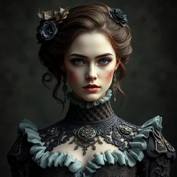 portrait of beautiful female model by irakli nadar with intricate detailed wearing victorian dress designed by alexander mcqueen, haunting, elite, elegant, ruan jia, dark, hyper detailed, concept art, by gustav klimt,