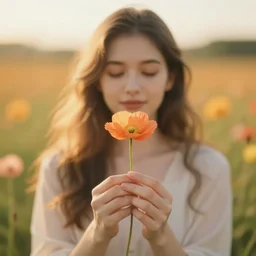 hdr photography, girl holding a poppy flower, dof, warm lighting, bokeh, sony fe 6 0 0 mm f 4. 0 gm oss, fantasy