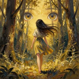 recursive image with a girl walking through a forest, large eyes, her long hair flowing, surreal, oil pastels and gold, in the style of katsuhiro otomo, modeled in poser, redshift render, uhd