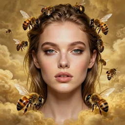 epic portrait of beautiful female face supermodel portrait surrounded by bees, wlop, jeremy lipkin, beeple, intricate, artgerm, ilya kuvshinov, golden clouds background
