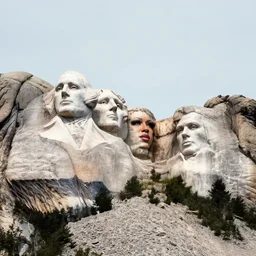 a landscape photo of mt rushmore, with the faces of taylor swift, lizzo, phobe bridgers, and harry styles, 3 5 mm lens