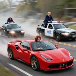 a caveman driving a red ferrari is being chased by donald trump driving a police car