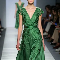 full shot of beautiful model on runway wearing a tender green v - neck dress, costume design, artstation, octane render, unreal engine, illustration, cinematic, product - view, cool color palette, technicolor, cinecolor, 3 - dimensional, insanely detailed and intricate, hypermaximalist, elegant, ornate, hyper realistic, super detailed, render by maya, design by issey