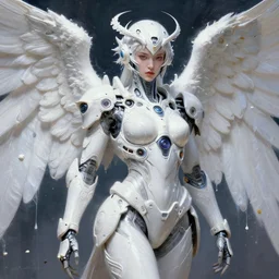 a beautifull white cast cyber angel in power armor with pretty face in intricate detailed color smashing fluid oilpaint, melting wax, futuristic digital painting, cyberpunk, 8 k, hyper detailed, octane render, concept art, by peter mohrbacher, by wlop, by ruan jia,
