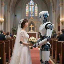 two robots marry in church, unreal engine, octane render, 8 k by james jean, ayami kojima, justin gerard, craig mullins
