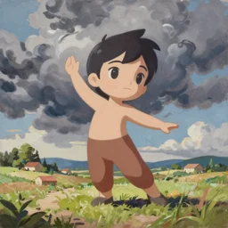 Painting of Velma Dinkley, countryside, calm, fantasy character portrait, dynamic pose, above view, sunny day, thunder clouds in the sky, artwork by Jeremy Lipkin and Giuseppe Dangelico Pino and Michael Garmash and Rob Rey and Greg Manchess and Huang Guangjian and Makoto Shinkai, very coherent asymmetrical artwork, sharp edges, perfect face, simple form, 100mm