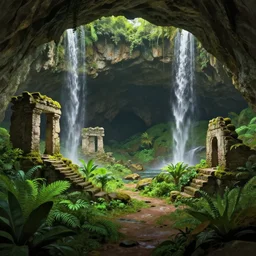 ancient ruins,plants and waterfalls in the interior of a cave,digital art