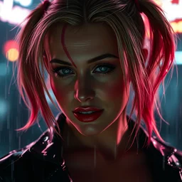 closeup headshot of seductive harley quinn in the rain, bladerunner, backlit, night club, futurepunk, gta v, pinup, nagel, arney freytag, dark moody, cinematic, greg rutkowski, octane!